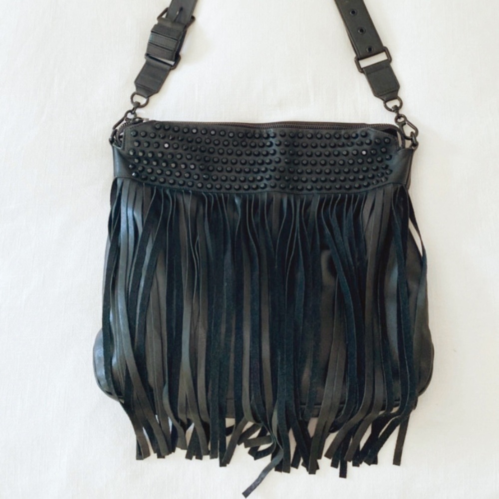 Ash- Black leather studded fringe boho bag.